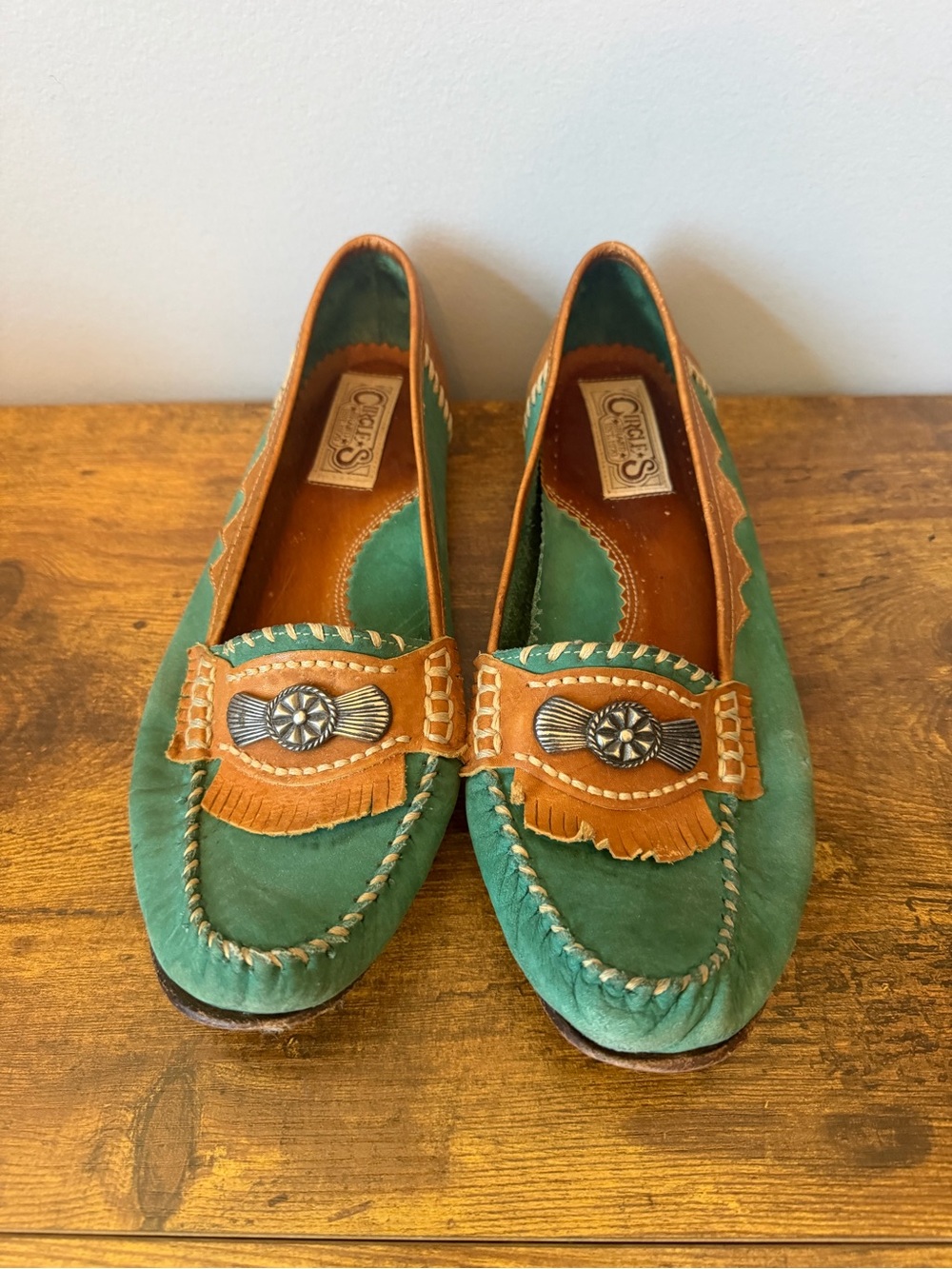 Western Green Suede Moccasin Loafers Womens 9.5 Fringe Concho Vintage Circle S